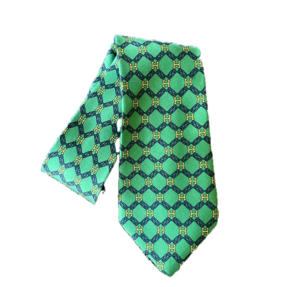 Vintage Hermes Paris Silk Tie Green Navy Yellow H Logo Chain Link Geometric